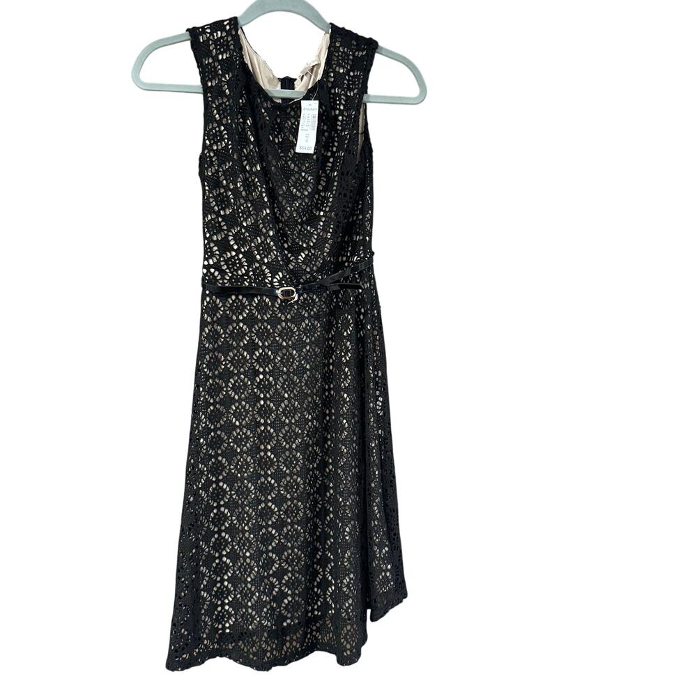 Dressbarn Black Crochet Lace Fit & Flare Dress Belted NWT Size 4 - Picture 3 of 14